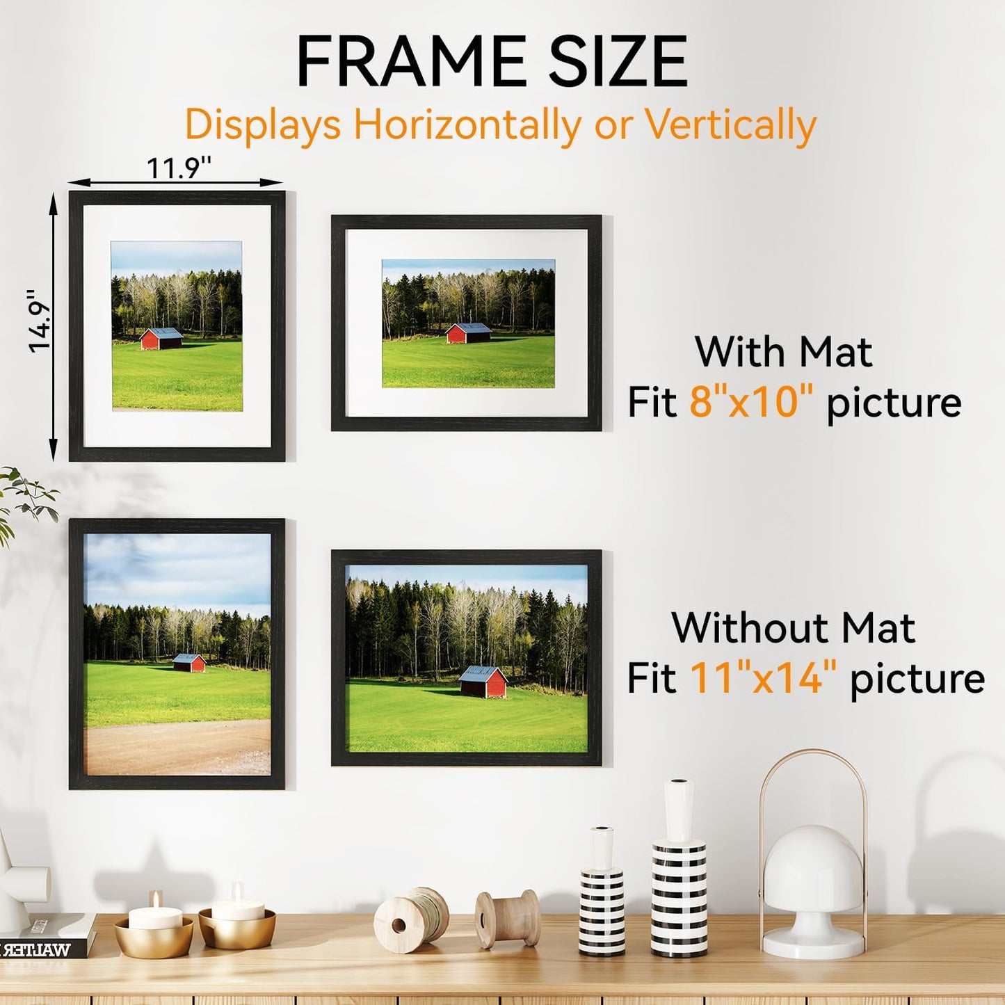 IBUYKE 11 x14 Picture Frame,Solid Oak Wood 11x14 Photo Frame with Mat to 8x10,11x14 Picture Frames With Tempered Glass,Wall Mount Display,Home Decor,Black Oak 14 x 11 Frame,UWPF1114B