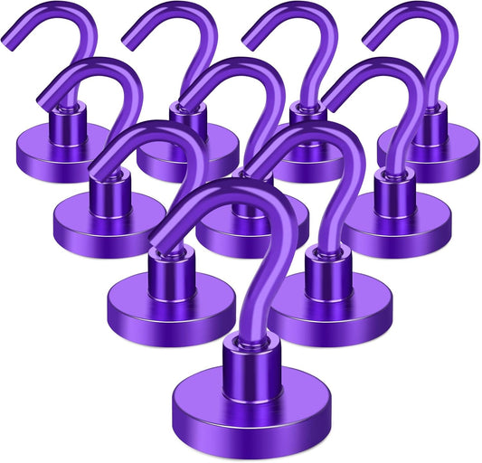 MIKEDE Magnetic Hooks Heavy Duty, 28Lbs Neodymium Magnets with Hooks for Refrigerator, 10Pcs Strong Cruise Hooks for Hanging, Magnetic Hanger for Grill, Toolbox, Storage - Purple