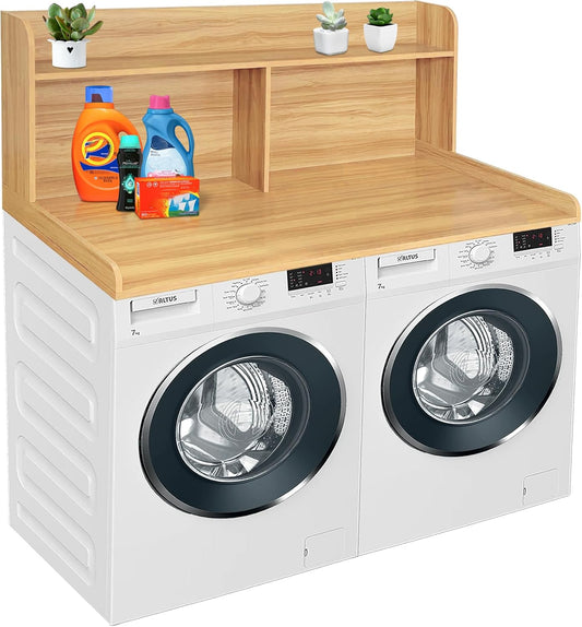 Royxen 2-Tier Washer Dryer Countertop,19.5" H Wood Washer Dryer Topper with Storage Shelf,Laundry Countertop Over Washer and Dryer, Universal Fit for Laundry Room Organization (Oak, 54" W X 27.5" D)