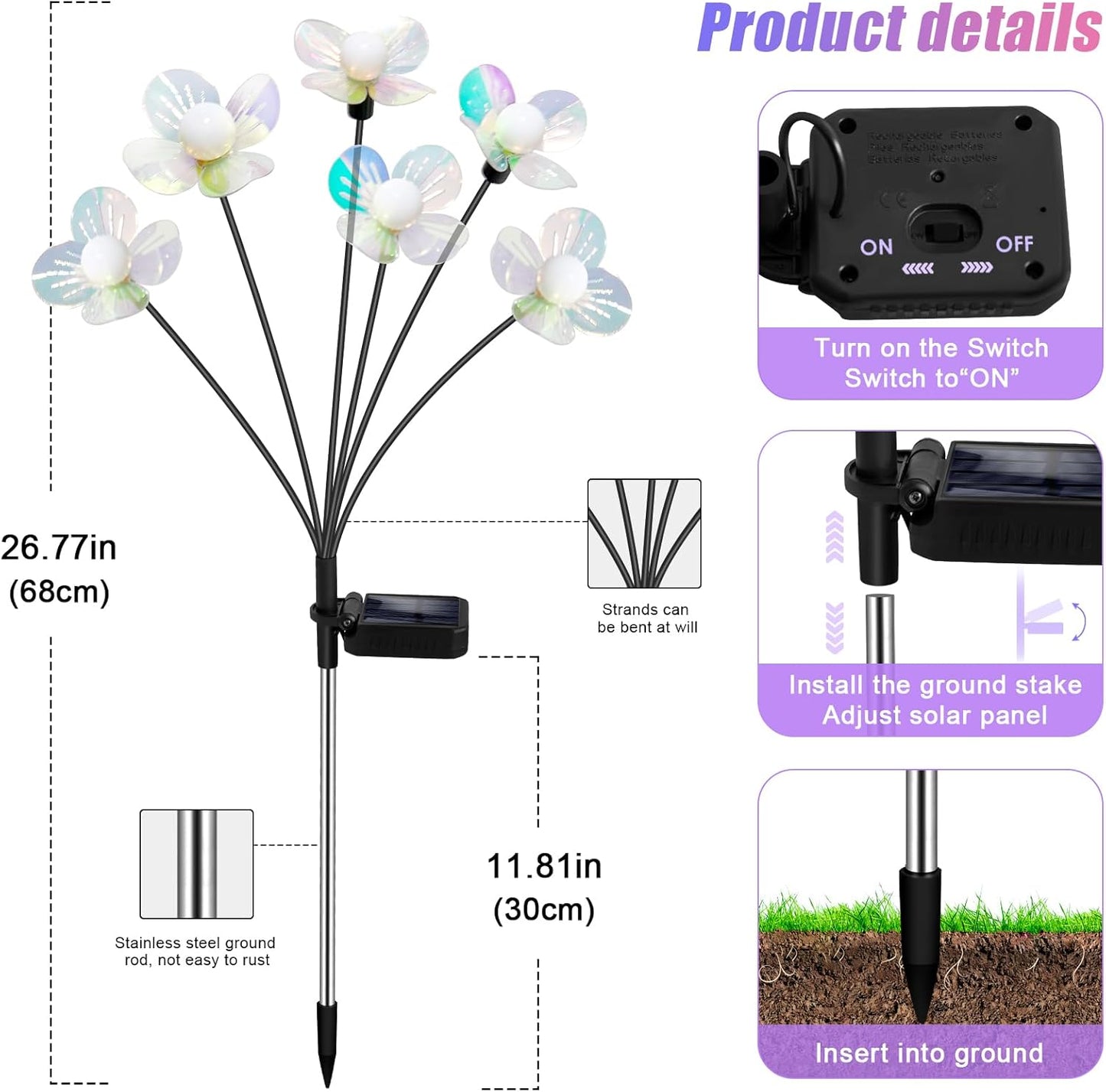 Solar Garden Lights Outdoor, New Upgraded 4-Pack Firefly Solar Lights with Iridescent Petals & Warm White Glow - Waterproof Wind-Swaying Decor for Yard, Patio