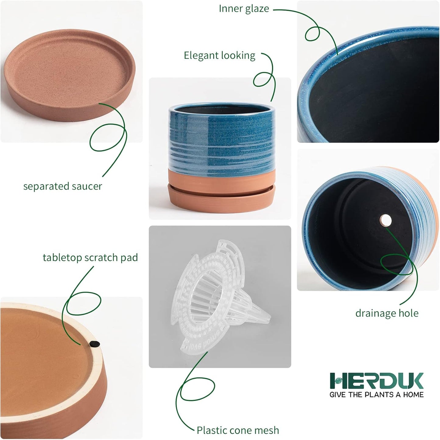 8 Inch Pots for Plants, Ceramic Planter Pot with Drainage Hole & Saucer, Indoor/Outdoor Cylinder Round Planter Pot, Blue & Terracotta