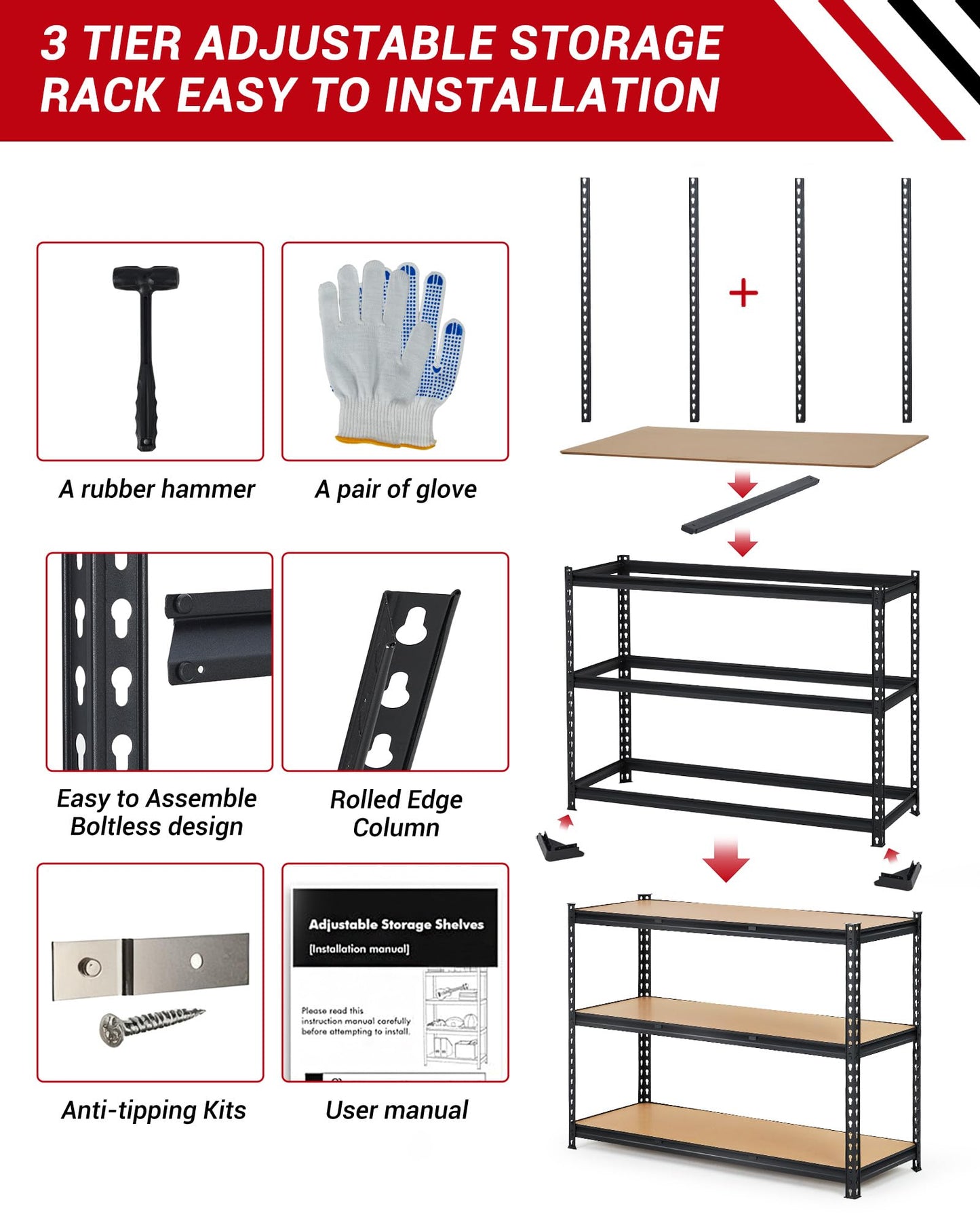 Heavy Duty Garage Shelving Units,3-Tier Adjustable Storage Shelves