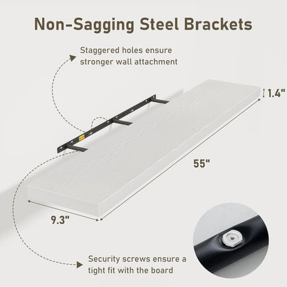 Fun Memories 55 Inch Floating Shelves for Wall 2 Pack Shelves for Bedroom|Kitchen|Bathroom 55 x 9.3 Inch Wood Floating Shelf with Invisible Brackets for Books|Storage|Decor, White