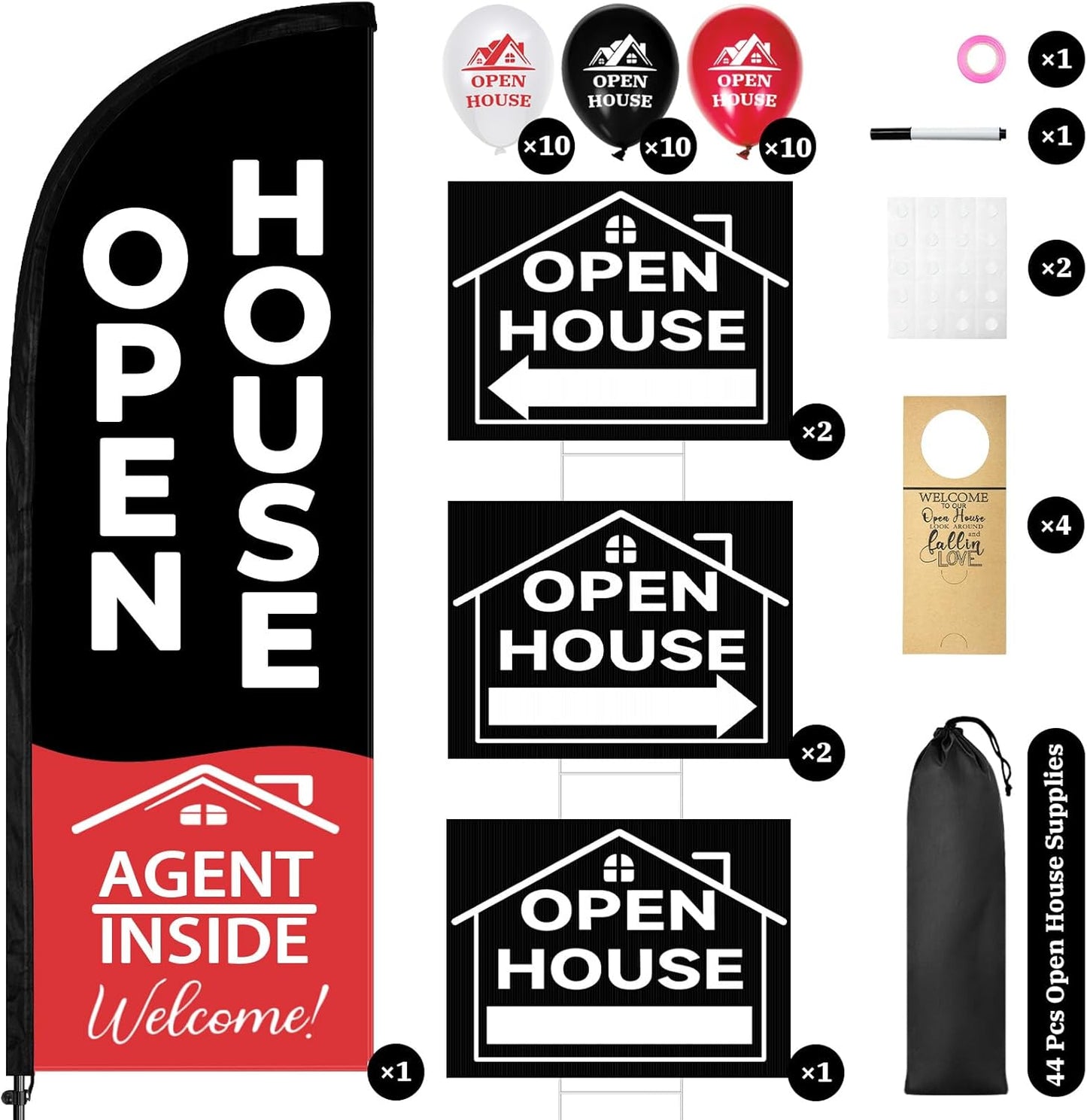 44 Pcs Open House Signs for Real Estate, Double Sided Open House Flag Kit, 7.6 x 5.4 Ft Black Banner Flag Poles Set for Outside, Directional Arrows Sign Stakes Balloons for Open House Supplies