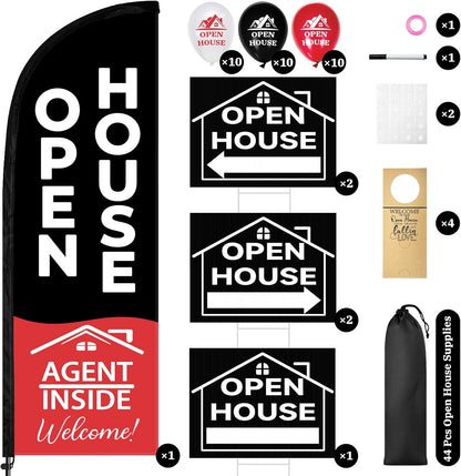 44 Pcs Open House Signs for Real Estate, Double Sided Open House Flag Kit, 7.6 x 5.4 Ft Black Banner Flag Poles Set for Outside, Directional Arrows Sign Stakes Balloons for Open House Supplies