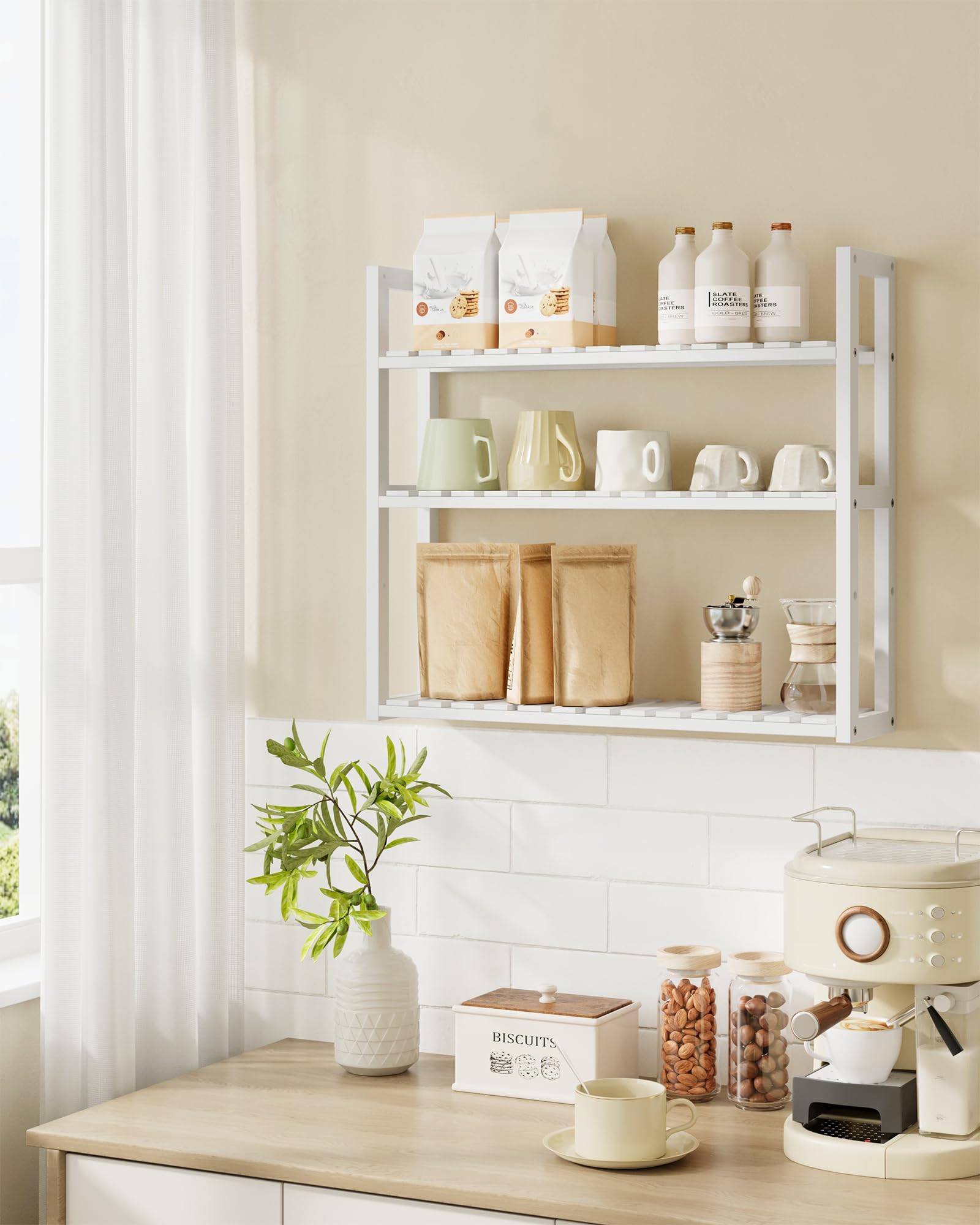 SONGMICS Bamboo Bathroom Shelf, 3-Tier Adjustable Plants Rack, Wall-Mounted or Stand, in The Living