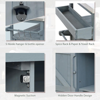 Outdoor Kitchen Island, Rolling Bar Cart & Storage Cabinet, Farmhouse Solid Wood Outdoor Grill Table with Stainless Steel Top, Spice Rack, Towel Rack for Kitchen & BBQ, Grey Blue