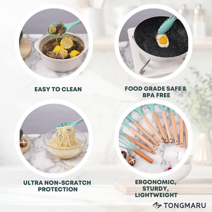 Silicone Cooking Utensils Set, Premium Beech Wood Handle Kitchen Gadgets Utensil Set, Non-Stick Kitchen Utensils Spatula, Tongs, Turner, Whisk, Brush, Spoon, BPA FREE, 446°F Resistant (Mint)