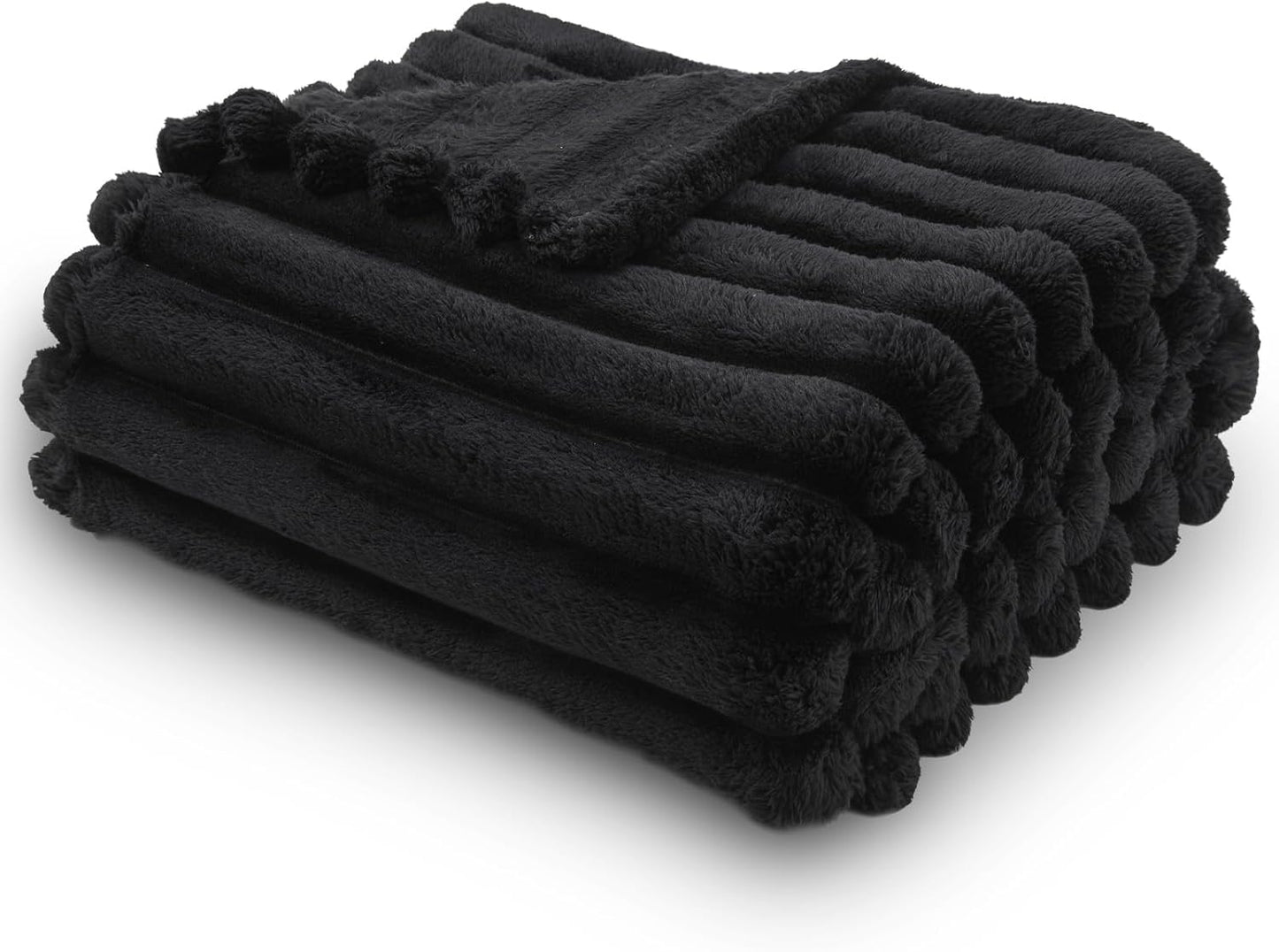 NEWCOSPLAY Super Soft Throw Blanket Black Premium Silky Flannel Fleece 3D Ribbed Jacquard Lightweight Bed Blanket All Season Use (Black Ribbed, Throw(50"x60"))