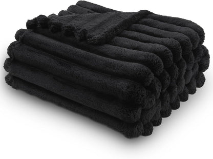 NEWCOSPLAY Super Soft Throw Blanket Black Premium Silky Flannel Fleece 3D Ribbed Jacquard Lightweight Bed Blanket All Season Use (Black Ribbed, Throw(50"x60"))