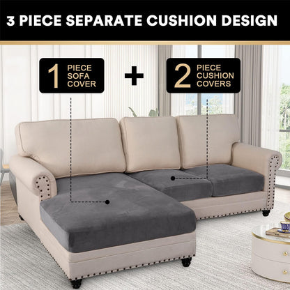 PrinceDeco Sectional Couch Covers 3 Pieces Velvet Sofa Covers L Shape Soft Couch Covers for Sectional Sofa Corner Sofa Cover Couch Cover for Dogs Washable (2 Seater + 1 Chaise,Grey)