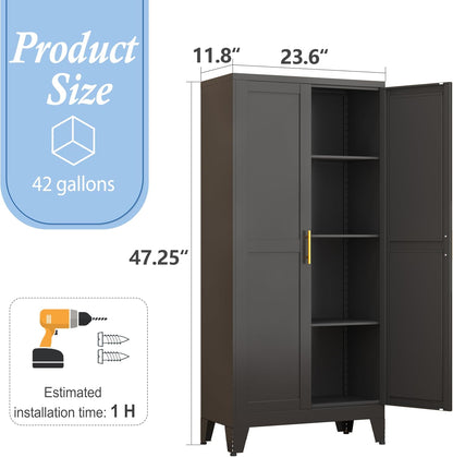 Black Metal Storage Cabinet, 48" Steel Cabinets for Home Office, Kitchen Pantry Storage Cabinet with Doors and 3 Adjustable Shelves, for Office, Home, Garage, School