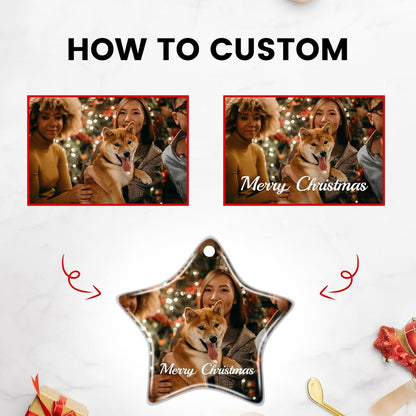 Personalized Christmas Ornaments 2024 Customized with Photo Text Ornament Keepsake Pet First Christmas Ornament Bulk Custom Ceramic Xmas Tree Decorations, Star