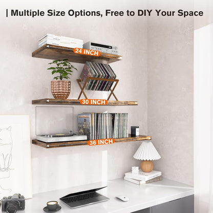 Floating Shelf, Set of 2 Wall Shelf, 24 in W x 12.75 in D x 2 in H Wooden Floating Wall Shelf with Invisible Brackets for Living Room/Bedroom/Bathroom/Kitchen Storage and Decor, Rustic Brown