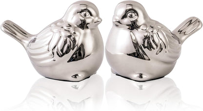 Set of 2 Small Birds Statues Silver Home Decor Modern Boho Style Figurine Decorative Ornaments for Living Room, Bedroom, Office Desktop, Cabinets, Shelf