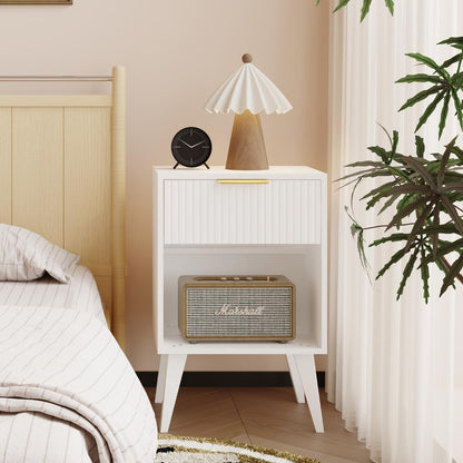 Fluted Night Stand with Opening Storage,Mid Century Bedside Table with Drawer,Modern Nightstand with Solid Wood Legs,End Table Side Table for Living Room,Bedroom,White CTG56W