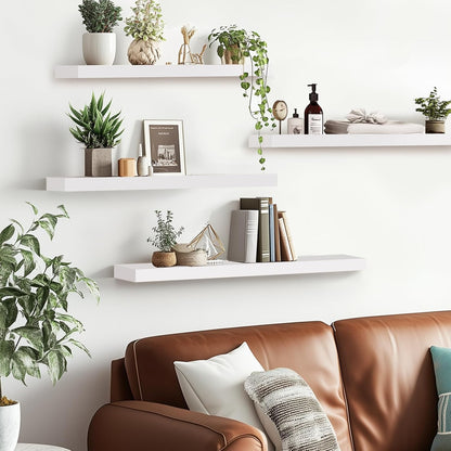 Floating Wall Shelves 4-Pack - Rustic White 16-inch Wooden Wall Shelves for Storage and Décor, Multi-Functional and Easy to Install for Living Room, Bedroom, and Kitchen