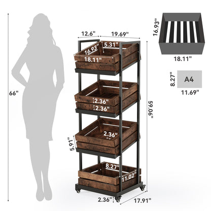 LITTLE TREE 4-Tier Basket Stand with Locked Wheels, Mobile Fruit and Vegetable Storage, Floor Stand