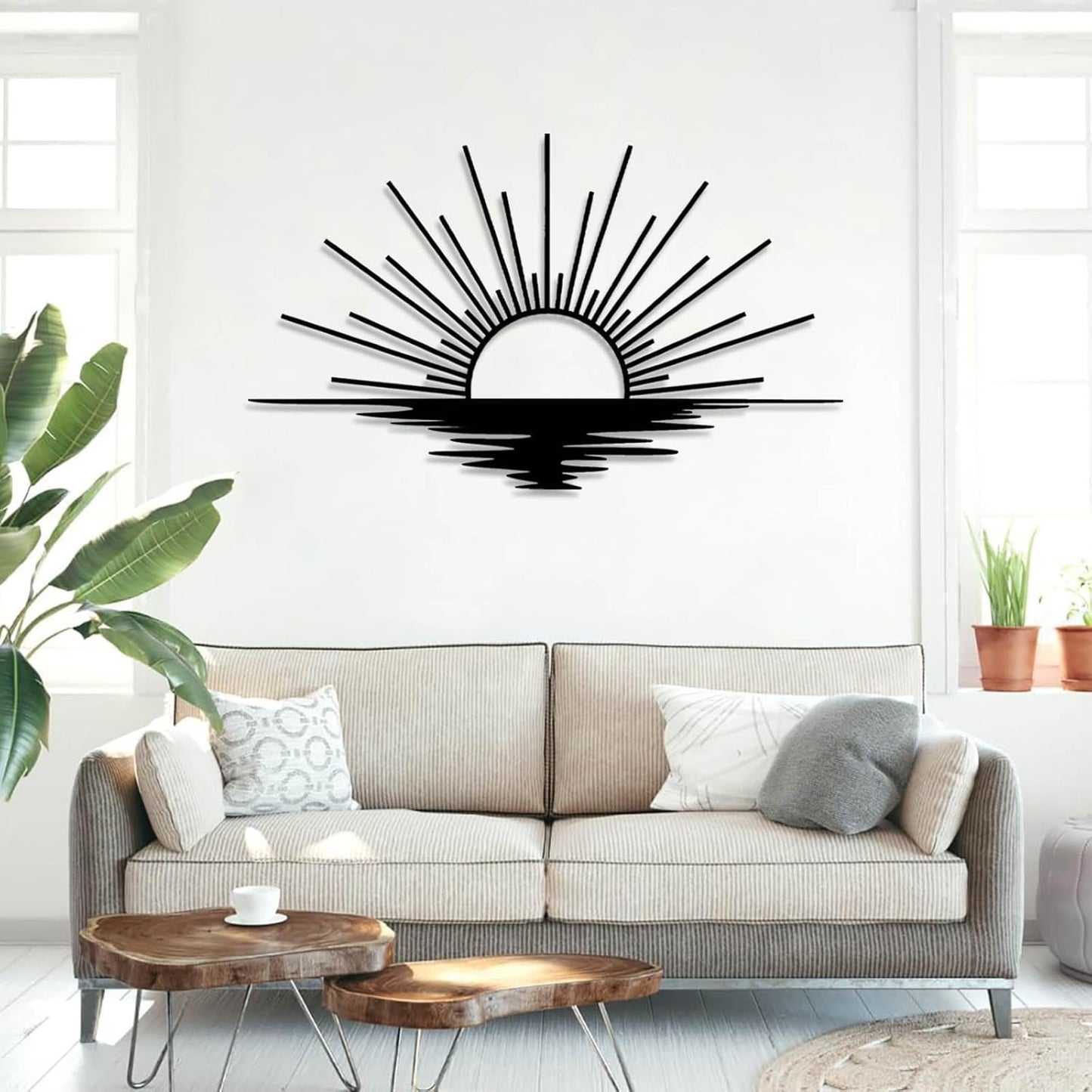 Sunrise Metal Wall Art, Metal Sun Wall Decor, Sun Outdoor Wall Art, Abstract Sunrise Wall Decor, Boho Home Hanging, Living Room Wall Hanging (Black, 24"x14"/60x36cm)