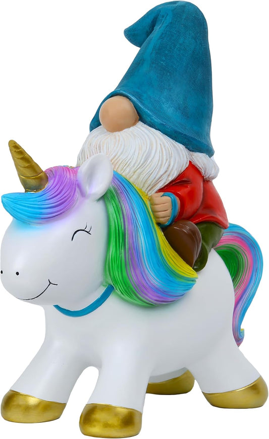 Mood Lab Garden Gnome Statue - Garden Gnome Riding Unicorn - 8.3 Inch Tall Lawn Figurine - for
