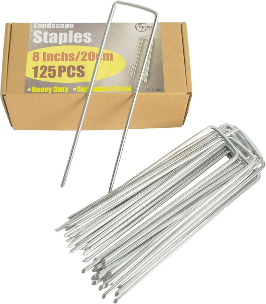 8 Inch Landscape Staples, More Thicker Heavy Duty 8 Gauge Galvanized Landscape Stakes, 125 Packs Garden Staples for Lawns, Weed Barriers, and Landscape Fabrics, Irrigation Hose, Tent Pegs