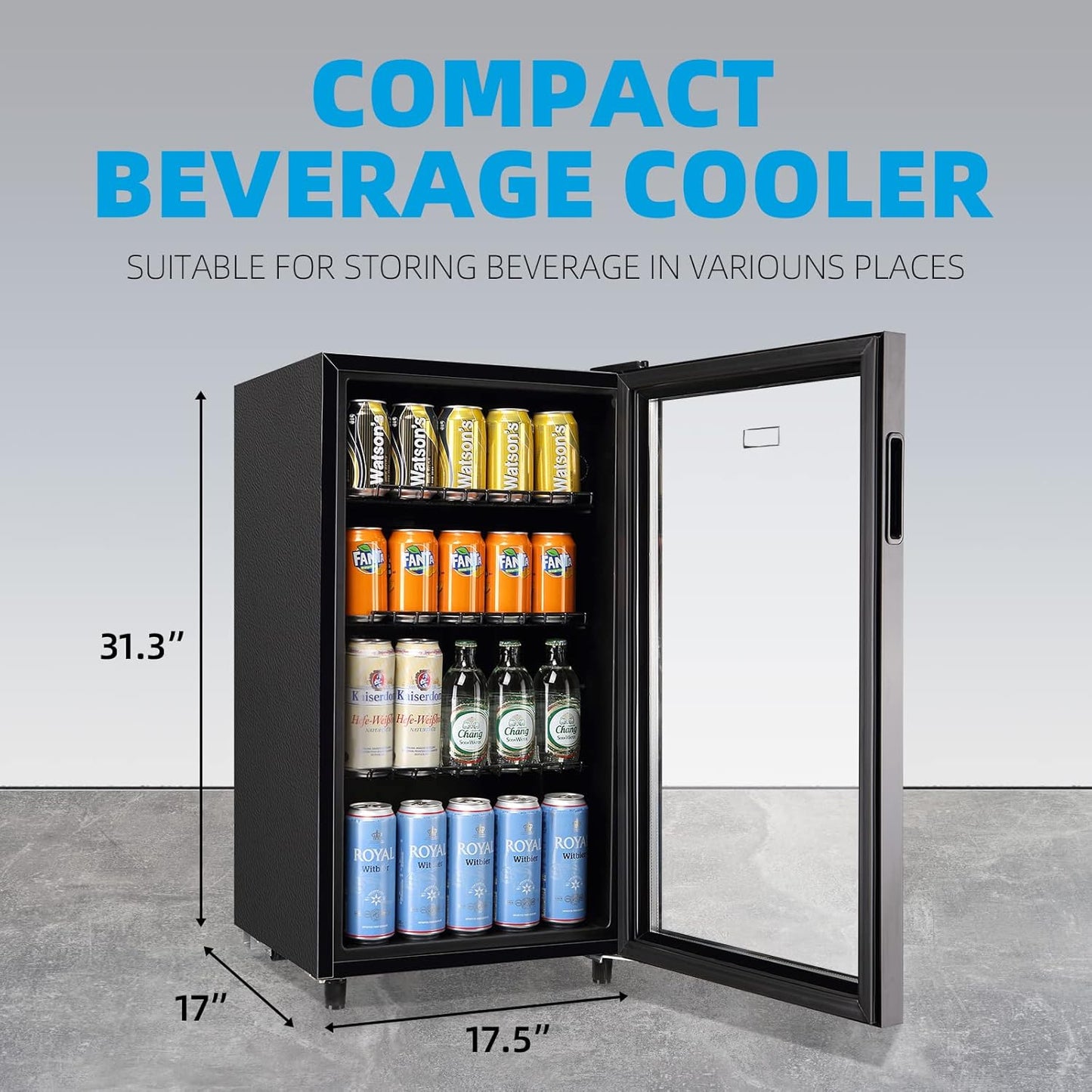 WANAI Mini Fridge Cooler 125Cans Beverage Refrigerator Glass Door Beverage Cooler for Beers Wine Juicer Adjustable Shelves LED Lights for Home, Office or Bar