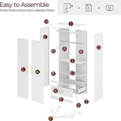 Metal Armoire Wardrobe Closet with 2 Doors, 71" Tall Wardrobe Cabinet with Hanging Rod, Drawers and Adjustable Shelves, White Clothing Storage Cabinets for Bedroom, Home Office