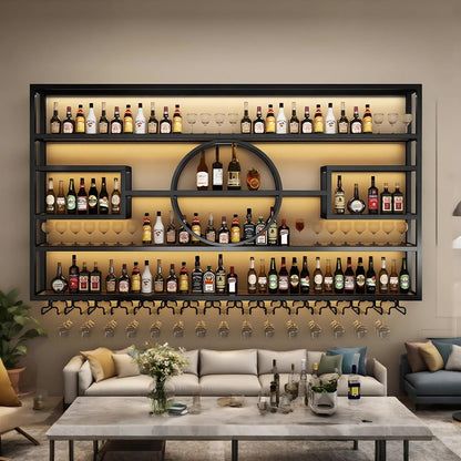 63in Wall Mounted Wine Rack, Modern Metal Wine Bottle and Glass Holder, Iron Display Stand Decorative Wine Rack, for Bar Living Room Dining Room Background (Black, 63 * 8 * 51INCHES)