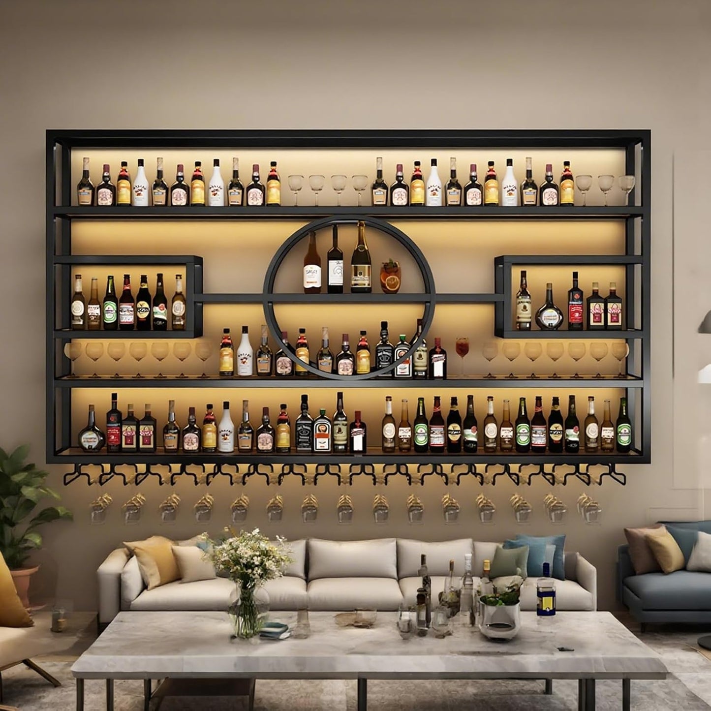 63in Wall Mounted Wine Rack, Modern Metal Wine Bottle and Glass Holder, Iron Display Stand Decorative Wine Rack, for Bar Living Room Dining Room Background (Black, 62.99 * 8 * 51INCH)