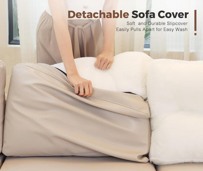 91.5" Luxury Modular Sleeper Sofa Bed with Storage Seat, 6 Seat Sectional Couch Deep Seat with Reversible Chaises & Removable Cover for Living Room - Faux Leather Whitesand