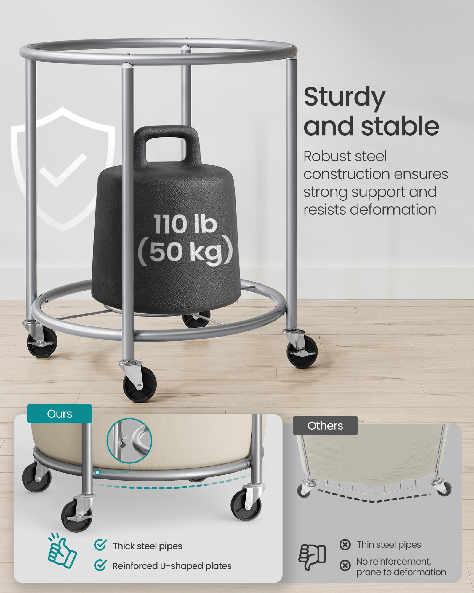SONGMICS Laundry Basket, Rolling Steel Frame with 2 Locking Wheels, 190 L