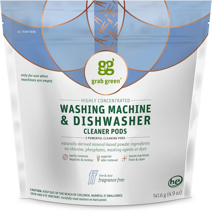 Grab Green Washing Machine Cleaner, 2 Count, Fragrance Free, Mineral Based Removes Deposits and Odors, Naturally Cleans
