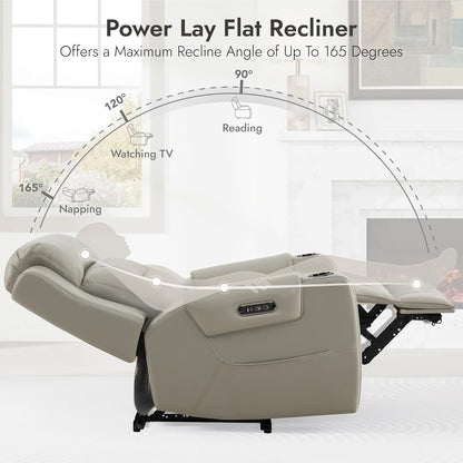 Watson & Whitely Genuine Leather Power Recliner Chairs for Adults, Lay Flat Recliner with Power Headrest, USB Ports and Cup Holders, Electric Reclining Sofa for Living Room, Bedroom, Grey