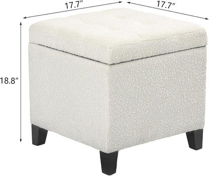 Adeco 18 Inch High Cube Ottoman Storage, Linen Chair Foot Stools, Upholstered Vanity Stool with Hinged Lid, Solid Wood Legs (White Circle Yarn)