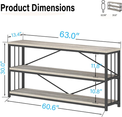 LVB Long Console Table with Storage, Farmhouse Rustic Skinny Entryway Table, Modern Wood Metal Hallway Sofa Table with Shelf, Industrial Narrow Couch Entry Table for Foyer Living Room, Light Grey, 63
