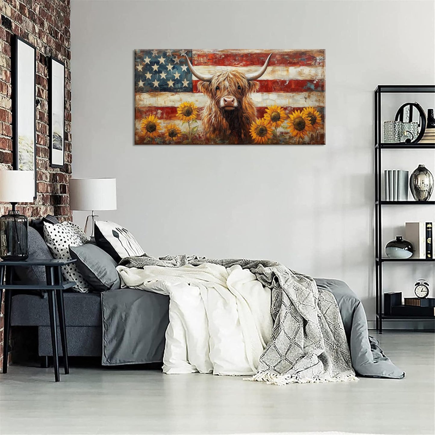 LASMOND Country Highland Cow Wall Art for Living Room Rustic Retro Vintage American Flag Sunflower Canvas Painting Prints Highland Cattle Artwork Farmhouse Bedroom Office Decor (30x16 Inches)
