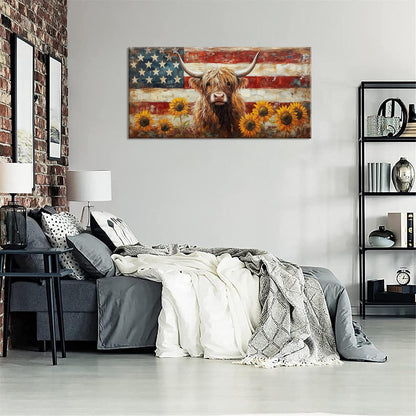 LASMOND Country Highland Cow Wall Art for Living Room Rustic Retro Vintage American Flag Sunflower Canvas Painting Prints Highland Cattle Artwork Farmhouse Bedroom Office Decor (30x16 Inches)