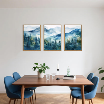 Celestdeco Blue Ridge Mountains Forest Framed Canvas Wall Art Set, Natural Landscape Wall Decor, Green Pine Trees Wall Painting, Woodland Artworks for Living Room, Bedroom, Dining Room - 24"x36"x3