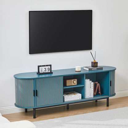 62" Tambour Door TV Stand,Wood Mid Century Modern TV Cabinet for Up to 75“ TV,Curved Edge Long TV Stand with Storage for Bedroom Living Room(62.2inch,Blue)