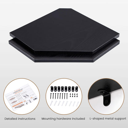 Corner Shelf Wall Mount, Floating Corner Shelves, Set of 2 Corner Wall Shelf Organizer, Rustic Wood Wall Storage Display Shelves for Living Room Bedroom Bathroom Kitchen, Classic Black