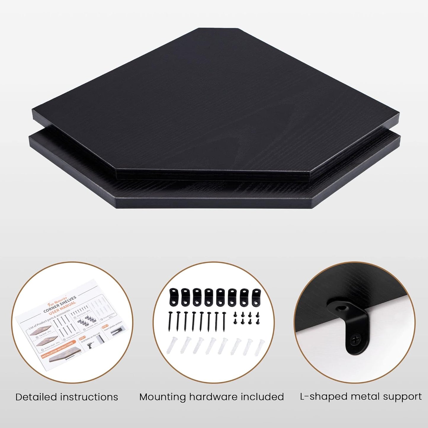 Corner Shelf Wall Mount, Floating Corner Shelves, Set of 4 Corner Wall Shelf Organizer, Rustic Wood Wall Storage Display Shelves for Living Room Bedroom Bathroom Kitchen, Classic Black