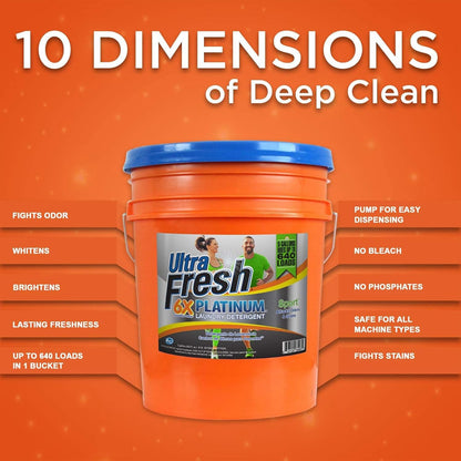 Ultra Fresh 5 Gallon Liquid Laundry Detergent Washing Soap for All Machine Types, 6X Platinum, Up to 640 Loads, Sport Odor & Stain Remover