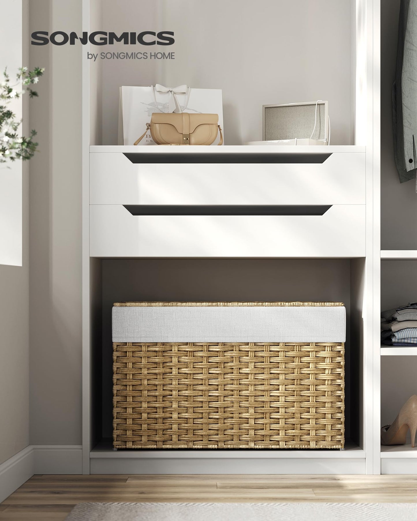 SONGMICS Storage Basket with Lid, Woven Blanket Storage Bin with Handles, Foldable, Removable