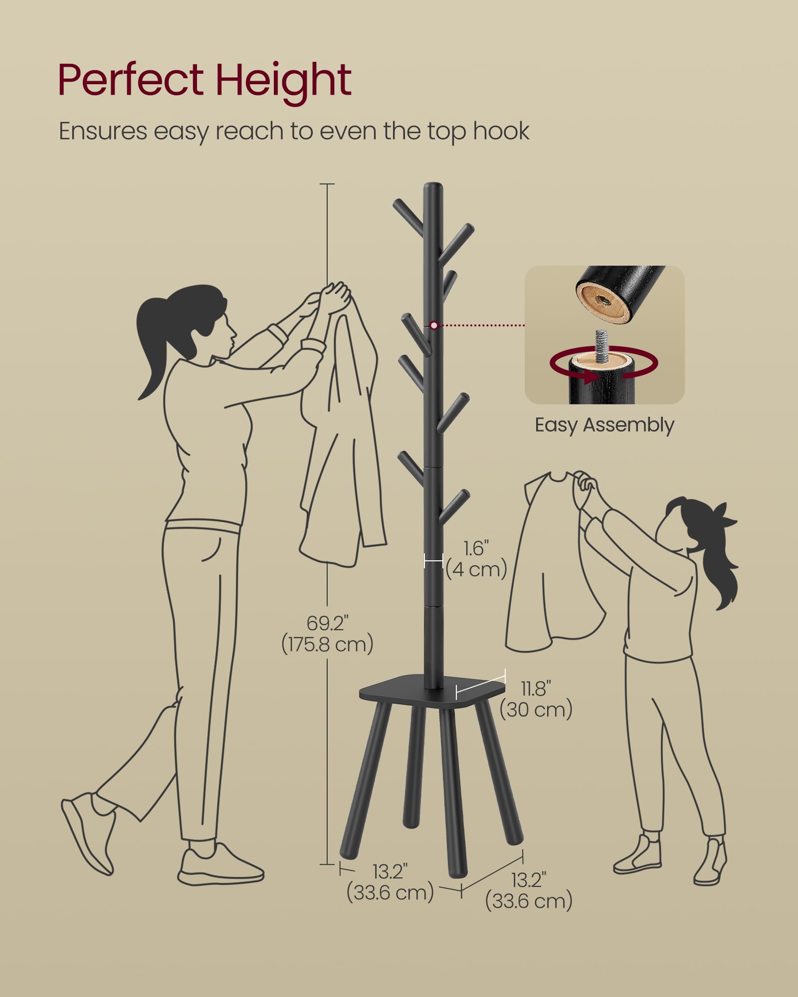 VASAGLE Coat Rack, Free Standing Coat Stand, Hall Coat Tree with 8 Hooks and Storage Shelf, 69.2