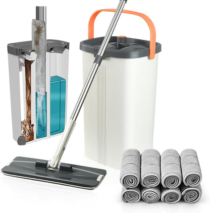 Jelymark Flat Mop and Bucket with Wringer Set, Separates Dirty and Clean Water, 3-Chamber Mop Wet and Dry Use, Not-Hands Squeeze Mops for Floor Cleaning, 8 Reusable Microfiber Mop Pads Included