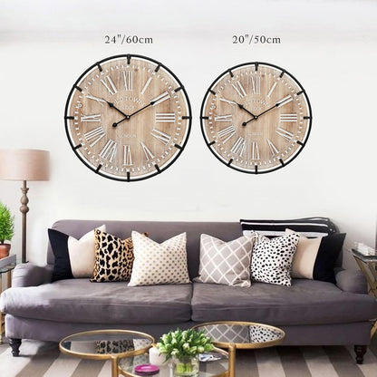 20 Inch Large Farmhouse Wall Clock, Rustic Antique Wood with Metal Circle and Large Engraved Numerals, Silent Battery Operated Wall Clock for Office Kitchen Bedroom Living Room