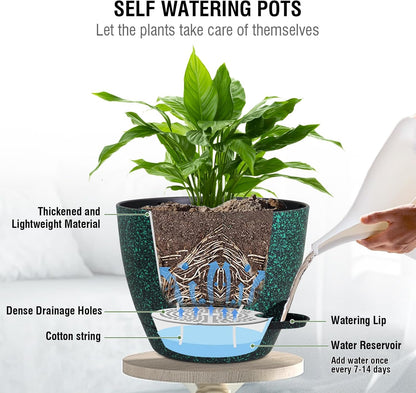 10 inch Self Watering Hanging Planters, 2 Pack Hanging Flower Pots for Indoor Outdoor Plants, Hanging Baskets with Drainage Holes & 2 Kinds of Plant Hangers for Home Decor, Speckled Black