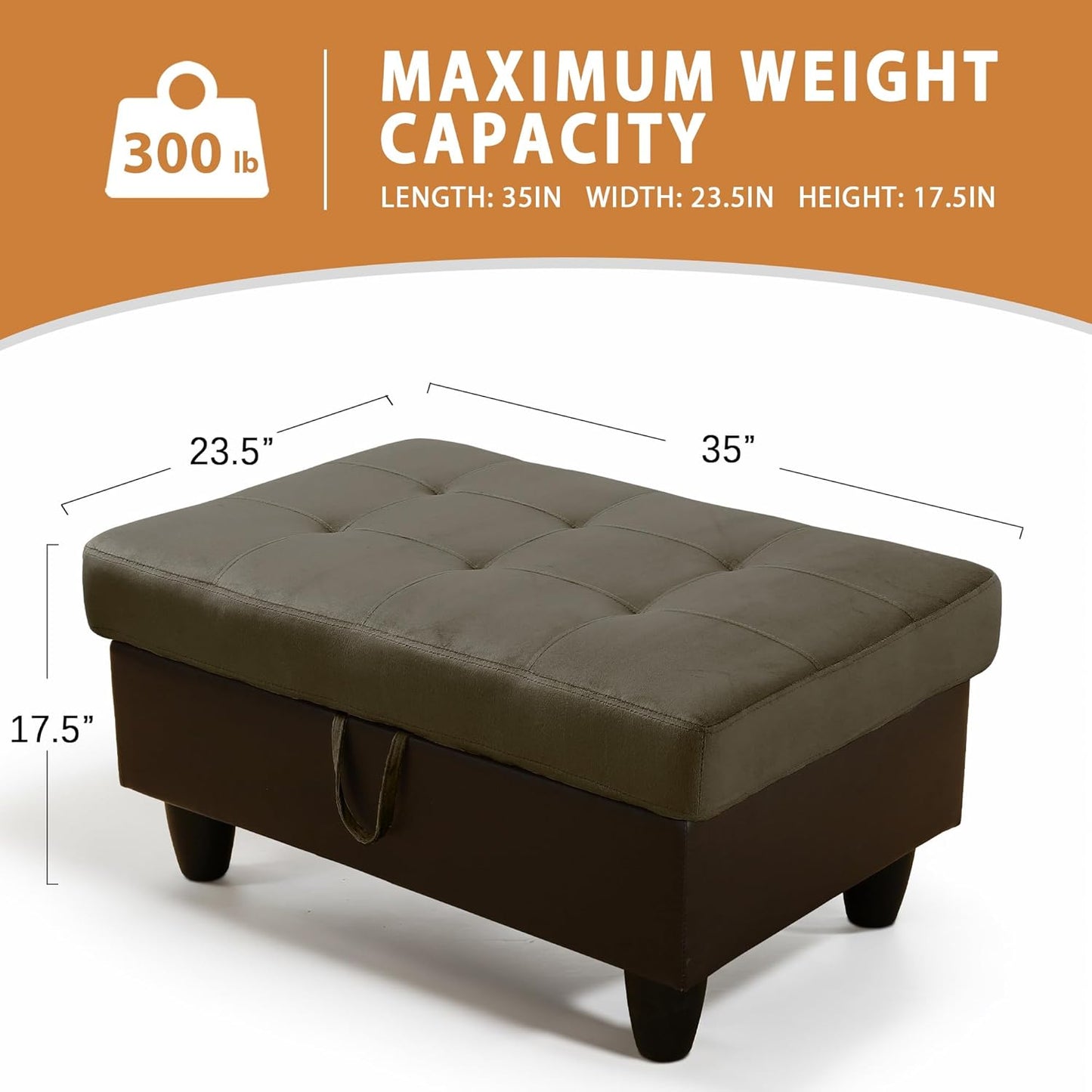 Ottoman Rectangular Storage Ottoman Bench, Flannel Footrest Stool Footstool with Lid for Living Room, Bedroom, Entryway, Taupe&Black, 35"x23.5"x17.5"