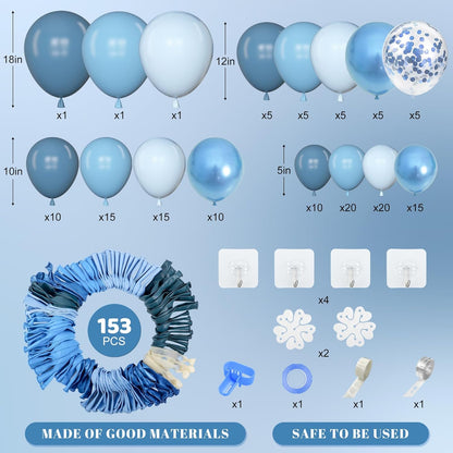 Amandir 153pcs Blue Balloon Garland Arch Kit, Different Sizes 18 12 10 5 inch Latex Metallic Confetti Blue Balloons for Boys Birthday Baby Shower Ocean Theme Party Anniversary Decoration Supplies