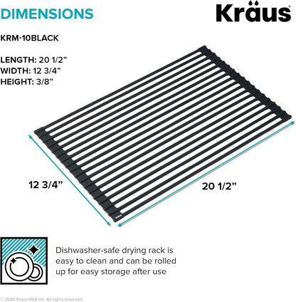 Kraus Roll Up Dish Drying Rack with Self-Draining Silicone Dish Drying Mat and Silicone Soap Dish Holder in Dark Grey, KDM-KRM-10DG